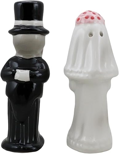 Miniatura 4 de Ebros Gift Juego de saleros y pimenteros de esqueleto para pareja, boda, novia y novio, calaveras de cerámica, esqueletos, cocina, comedor, bar,