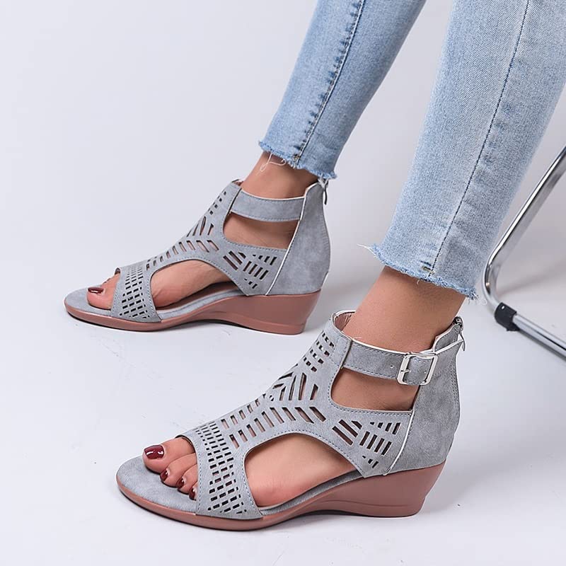 CLSQLXYJZC Women's Wedges Sandals, Summer Ethnic Style Hollow out Thick Heel Zipper Casual Female Sandalias, Comfortable Outdoor Gladiator Platform Roman Shoes3