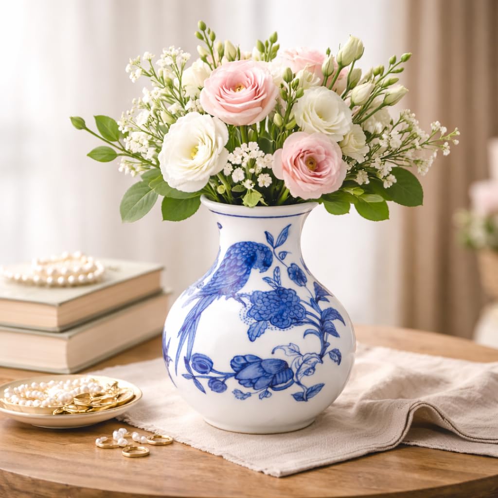 Chinese Porcelain Vase | Blue & White Ceramic Flower Vase (16.5 cm) | Bird & Floral Design | Oriental Decorative Pot for Living Room, Bedroom & Table Décor-image-35