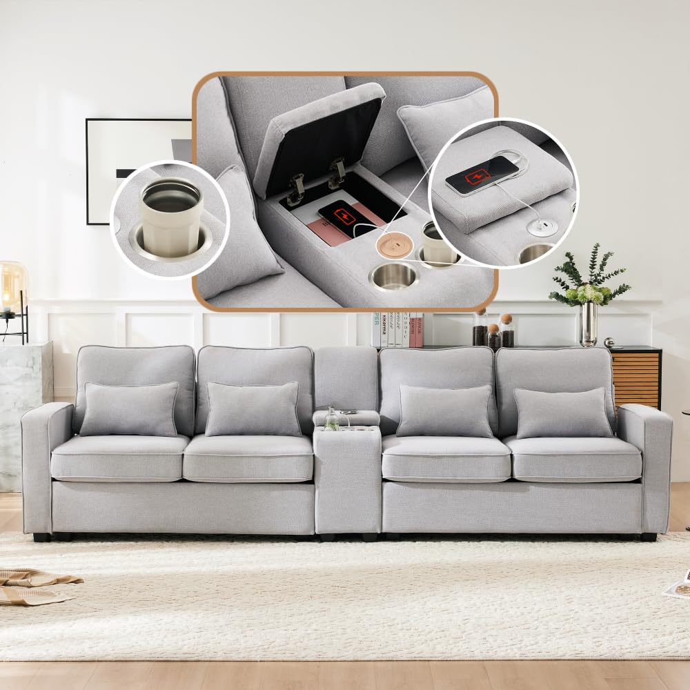 Sofá moderno de 4 plazas con bolsillos para reposabrazos y 4 cojines, con consola, 2 portavasos y 2 tomas USB, en lino, adecuado para muchas ocasiones (Gris+USB)