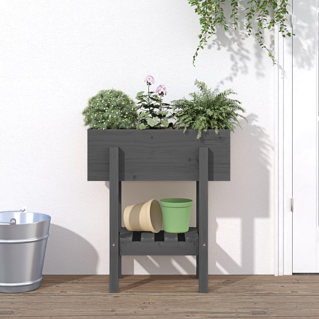 Macetero gris 62 x 30 x 69 cm de madera maciza de pino, bancal alto con estante para jardín, balcón y terraza, robusta jardinera para verduras y hierbas