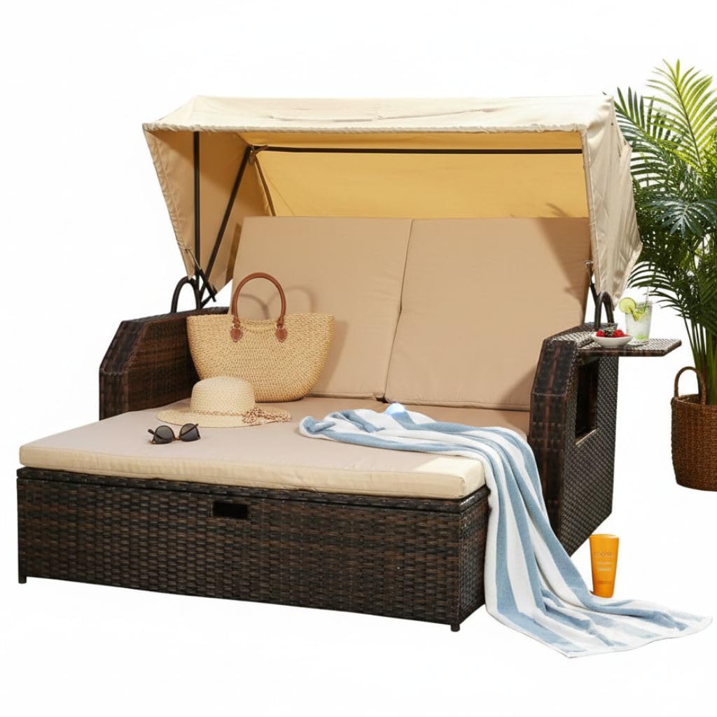 Melko Sonnenbett/Strandkorb/Lounge aus Polyrattan, Braun, inkl. klappbaren Seitentisch +verstellerbarer Rückenlehne + Faltbare Sonnenschutzdach