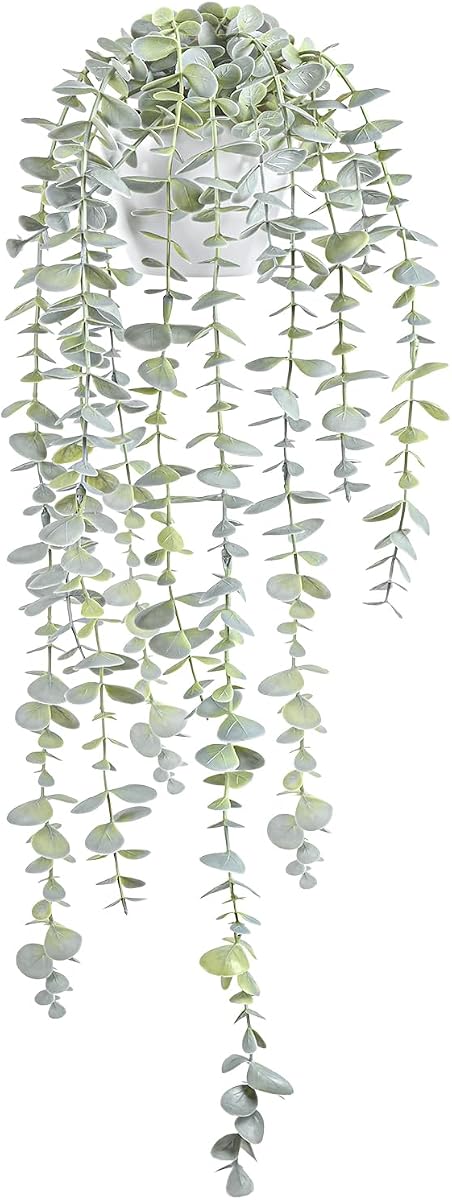 Decorative Hanging Plants for Shelf, Faux Ivy Eucalyptus Vine, Fake Greenery in White Bigger Pot (Light Green, 1PCS)
