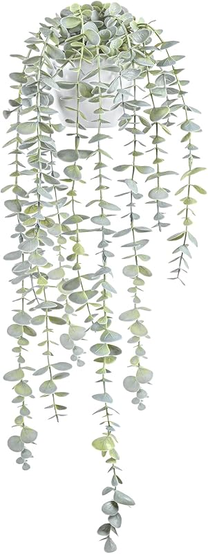 Decorative Hanging Plants for Shelf, Faux Ivy Eucalyptus Vine, Fake Greenery in White Bigger Pot (Light Green, 1PCS)