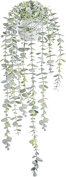 Decorative Hanging Plants for Shelf, Faux Ivy Eucalyptus Vine, Fake Greenery in White Bigger Pot Light Green, 1PCS