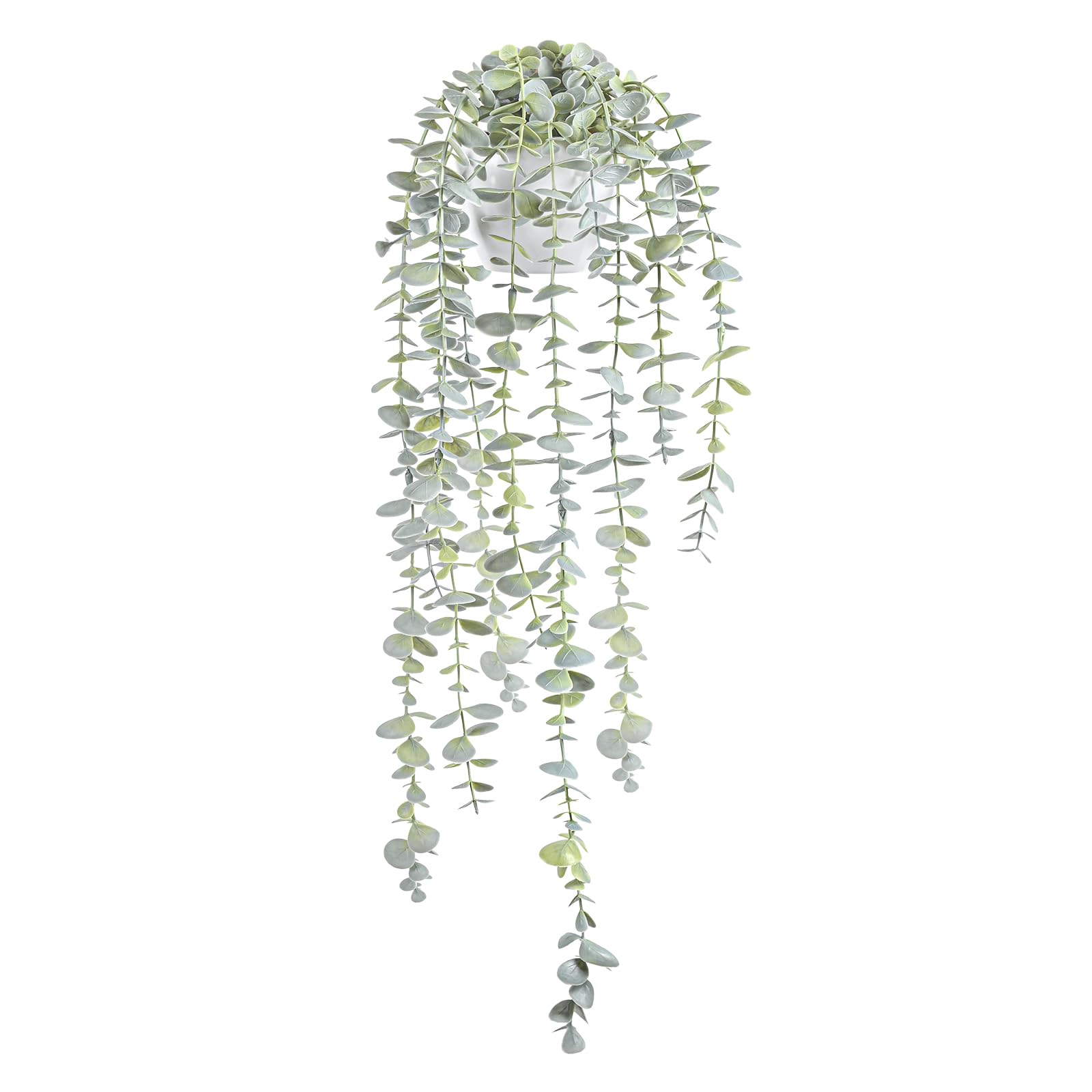 BACAMA Decorative Hanging Plants for Shelf, Faux Ivy Eucalyptus Vine, Fake Greenery in White Bigger Pot (Light Green, 1PCS)
