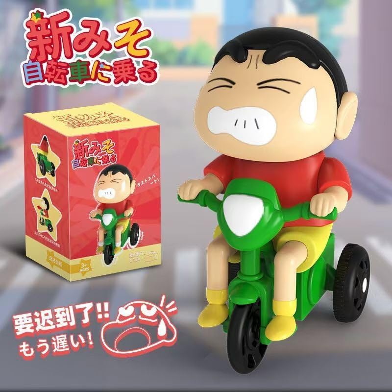 FowWelt Cartoon Tricycle Figure – Expressive Character Toy with Collector Box – Red & Yellow Outfit, Green Bike – Whimsical Japanese-Inspired Design (Sinchan C) 2