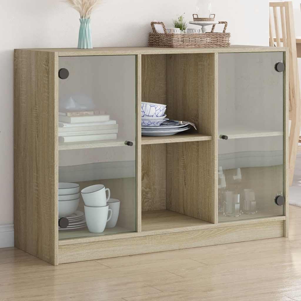 Buffet en chêne Sonoma - 102 x 37 x 75,5 cm - Avec 6 compartiments - Meuble d'appoint moderne - Idéal pour le salon, le couloir ou la cuisine - Surface stable - Compartiments de porte