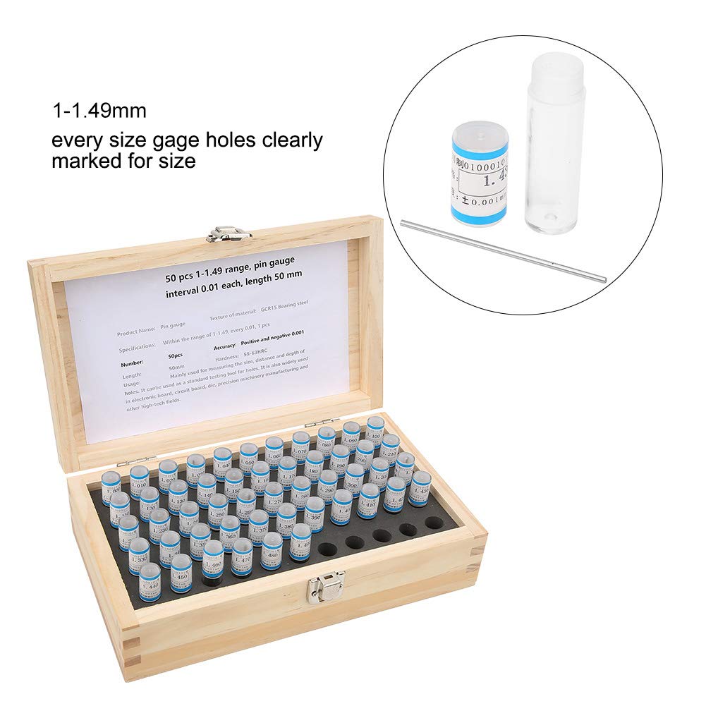 flexman 50Pcs 1~1.49mm Plug Pin Gage Set, 0.001mm Accuracy 50mm Length Bearing Steel Precision Tool with Wooden Box for Checking Location Hole Size Depth Gage Slots