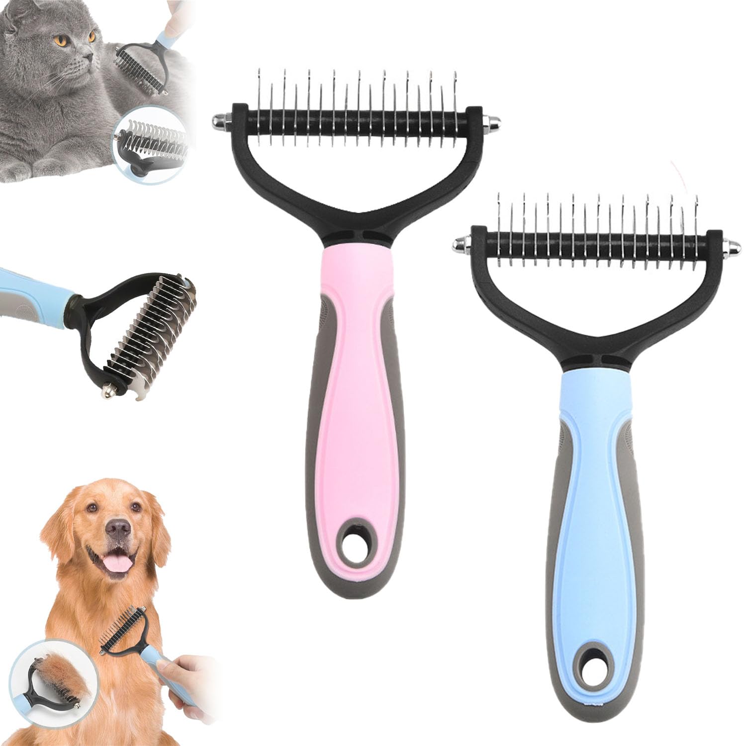 Pawmingle Cat Brush, Pawmingle Cat Grooming Brush, Cat Deshedding Brush, Double Sided Deshedding Brush for Pet, Undercoat Rake for Dogs and Cats (Mix, L)