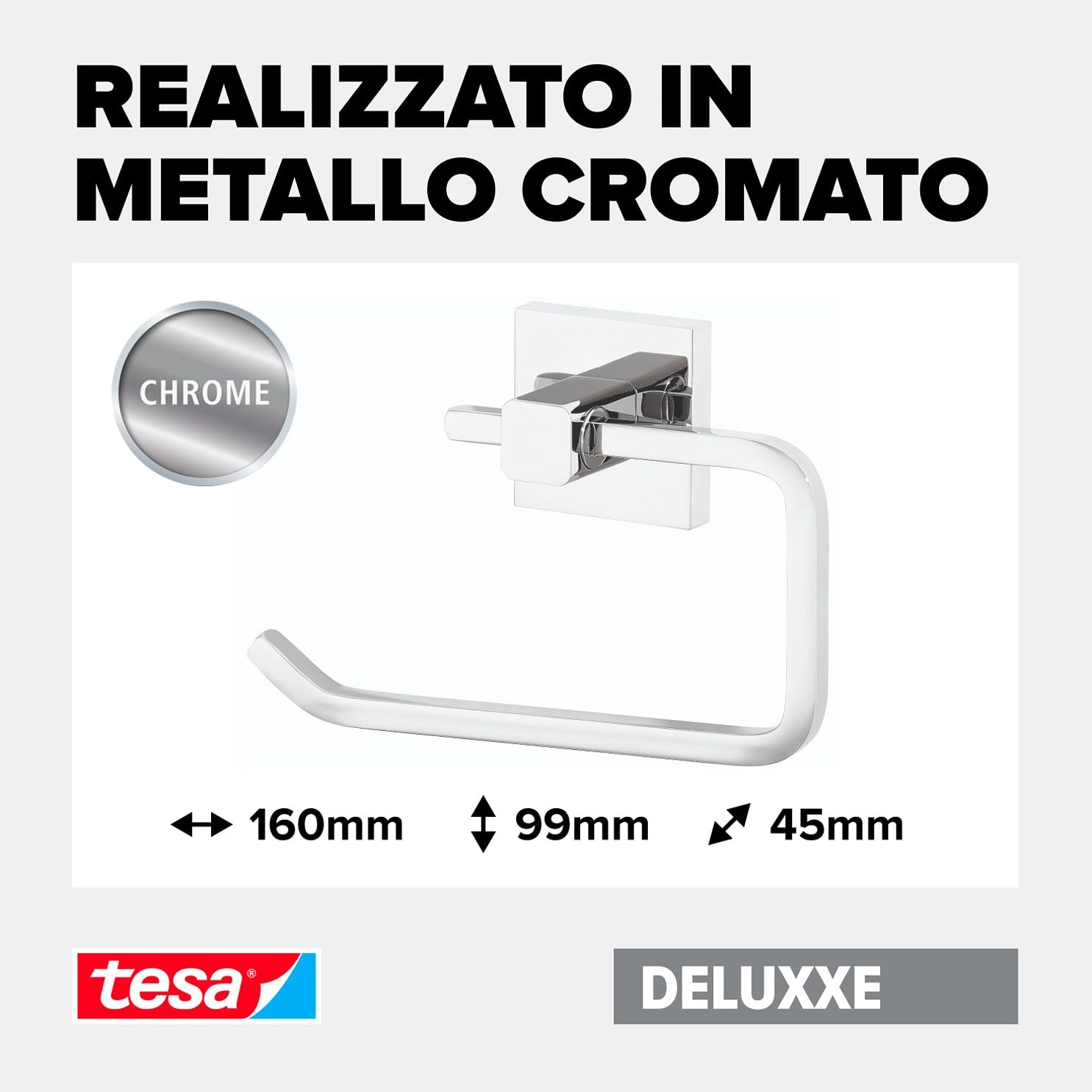 Tesa Deluxxe Portarotoli Carta Igienica con Ripiano, Autoadesivo, Cromato Lucido, Design Raffinato, Inox Assicurato, 99mm x 160mm x 139mm