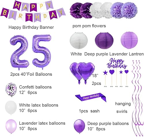 Miniatura 9 de Santonila Decoración de cumpleaños número 25 rojo con texto en inglés "Happy Birthday" para tartas de 25 años número 25 confeti, globos de látex de