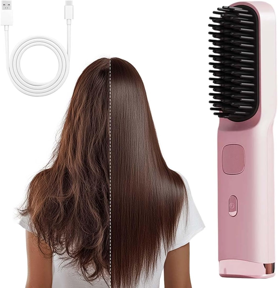 Go Brush for Short Hair, Cordless Hair Straightening Brush with 30s Quick Heat Up, 4 Adjustable Heat Levels, Ionic Ceramic Technology, USB-C Rechargeable for Anti-Frizz Styling (Pink)