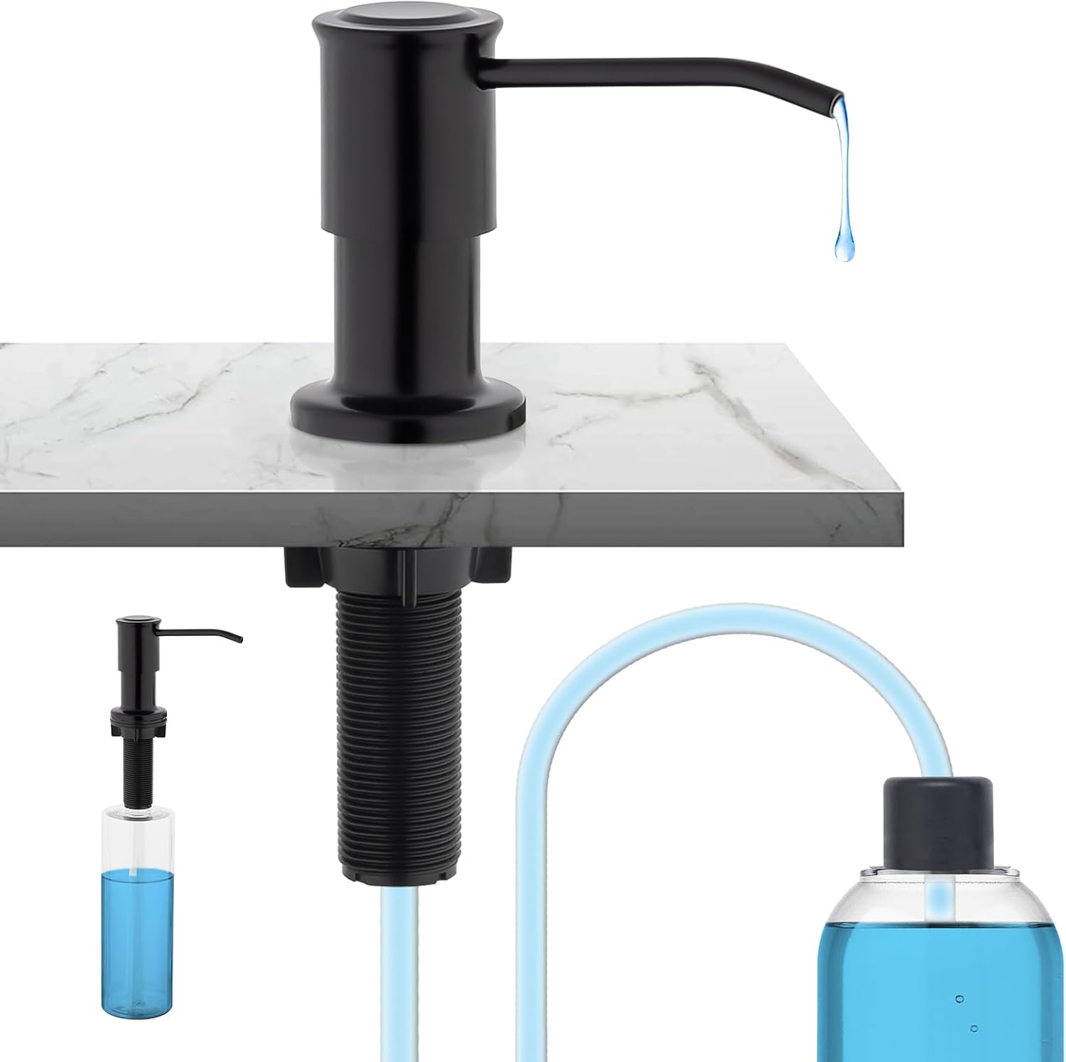 Ibergrif M34040B Black Kitchen Sink Soap Dispenser Built in, Counter Soap Dispenser with 500ML Bottle and 100CM Extension Tube Kit, Stainless Steel