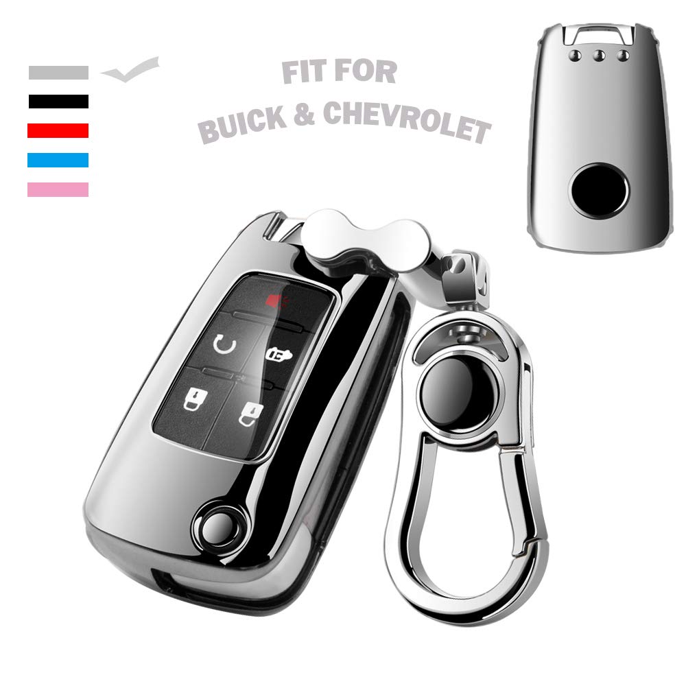 K LAKEY Car Key Fob Cover, Compatible with Camaro Cruze Equinox Malibu Buick Encore Lacrosse Regal Verano Key Fob,Folding Flip Car Key Soft TPU Case Jacket with Alloy Keychain Silver