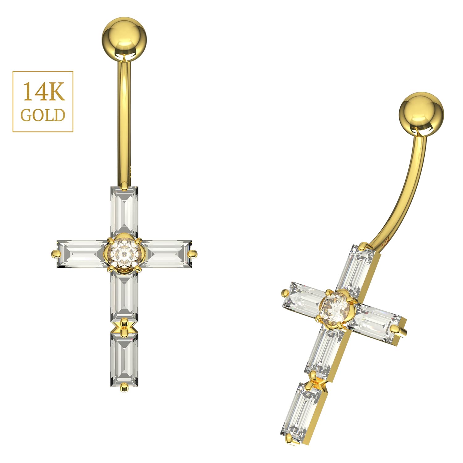 Piercing para ombligo de oro amarillo macizo de 14 quilates con circonita cúbica, joyería para ombligo de 14 quilates, calibre 14, 14 Gauge - 12mm Length, Circonia cúbica, Circonia
