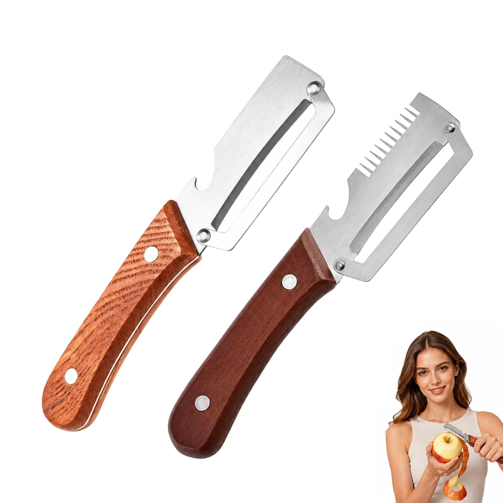 Zosutetoxo Multifunctional Vegetable Peeler, Stainless Steel Peeler with Wooden Handle, Julienne Peeler with Bottle Opener for Kitchen