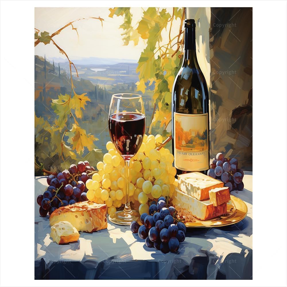 Wine and Cheese Paint by Numbers Kit for Adults - DIY Painting on Canvas, Adults' Paint-by-Number Kits Acrylic Paint Set for Beginners, Culinary Art Kit for Home Decoration or Gifts(12X16IN Framed)