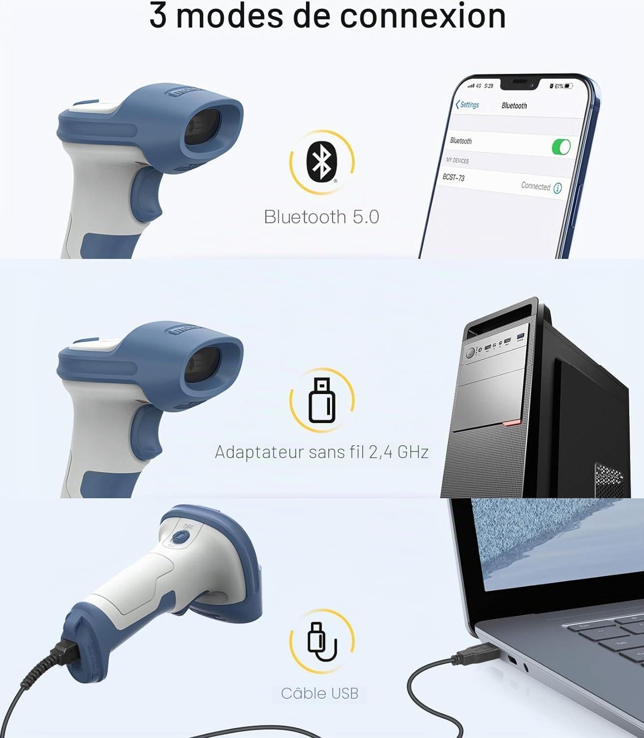 Inateck 2D Scanner de Code-Barres sans Fil, Bluetooth 5,0 et 2,4Ghz, BCST-73
