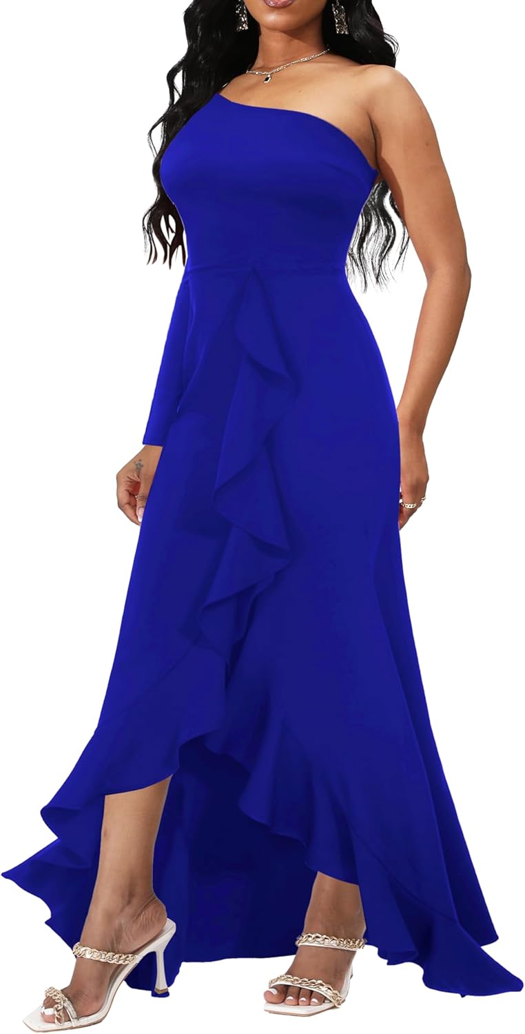 Women's Sexy One Shoulder Long Sleeve Cocktail Dresses Bodycon Ruched Wrap Split Party Formal Long Dress - Image 2