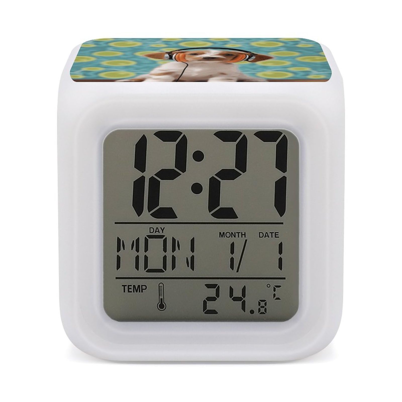 JTREHY Puppy with Headphones Alarm Clock Digital Dimmable Clock for Bedroom LED Display Screen Mini Clocks 7 Color Dimmable Night Lights Time-to-Rise Alarm Clocks for Office Living Room