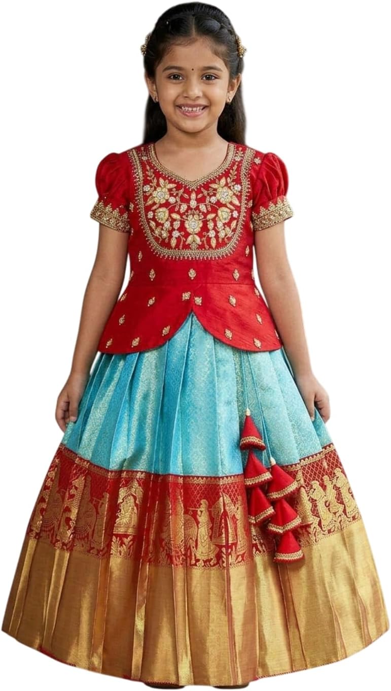 Girls Jacquard New South Indian Traditional Pattu Pavadai Jecquard Readymade Lehenga Choli