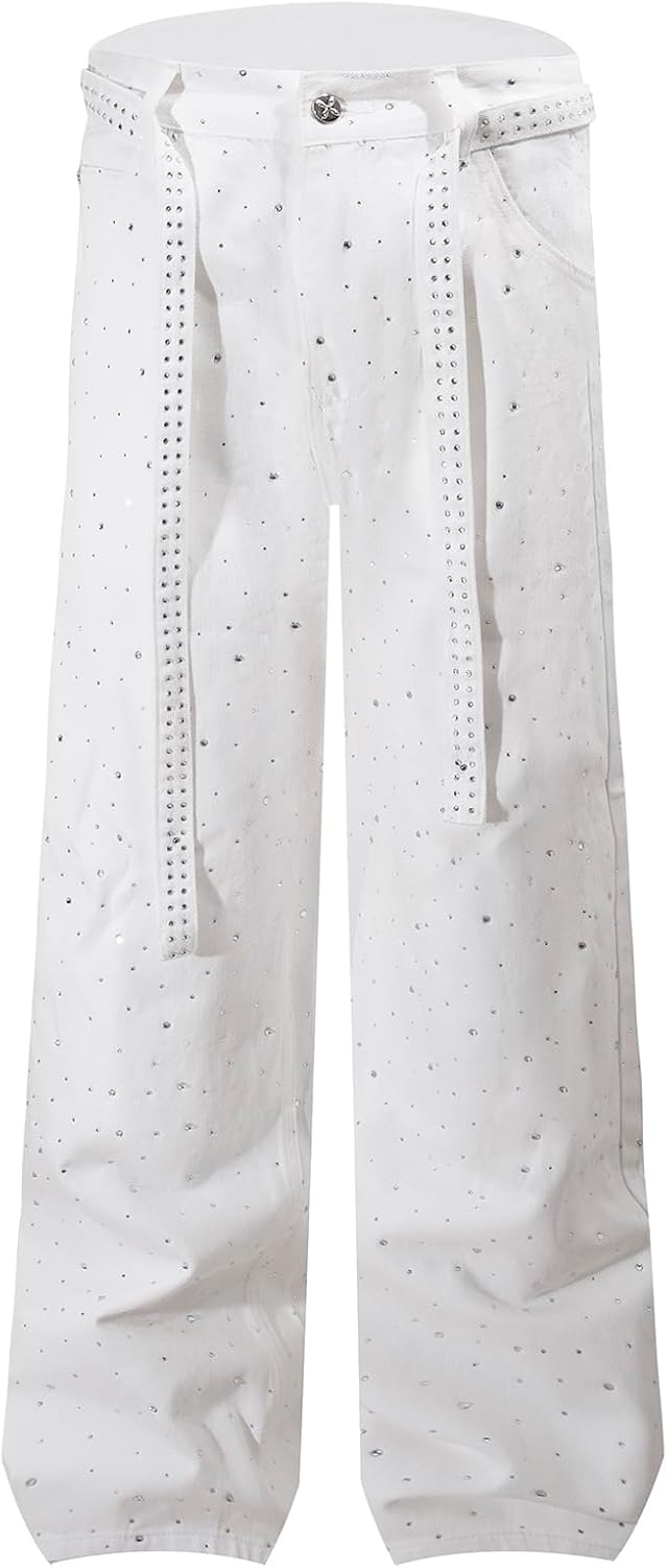 Men's Crystal Denim Loose Straight Jeans with Belt