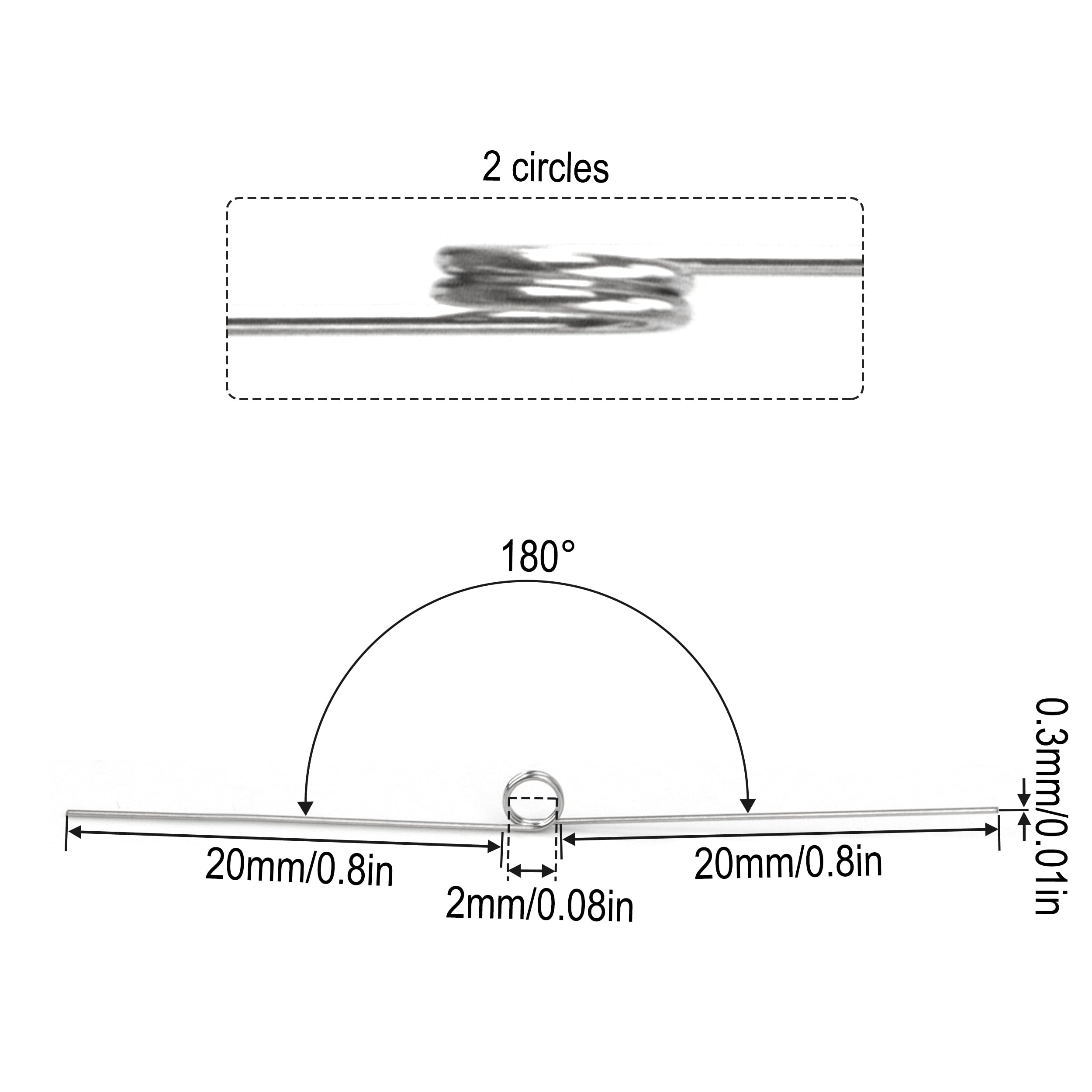 10 sztuk sprężyn skrętnych ze stali nierdzewnej, średnica drutu 0,3 mm, średnica wewnętrzna 2 mm, długość ramienia 20 mm, kąt 180°, 2 obroty w lewo 0,3 x 2 x 20 mm
