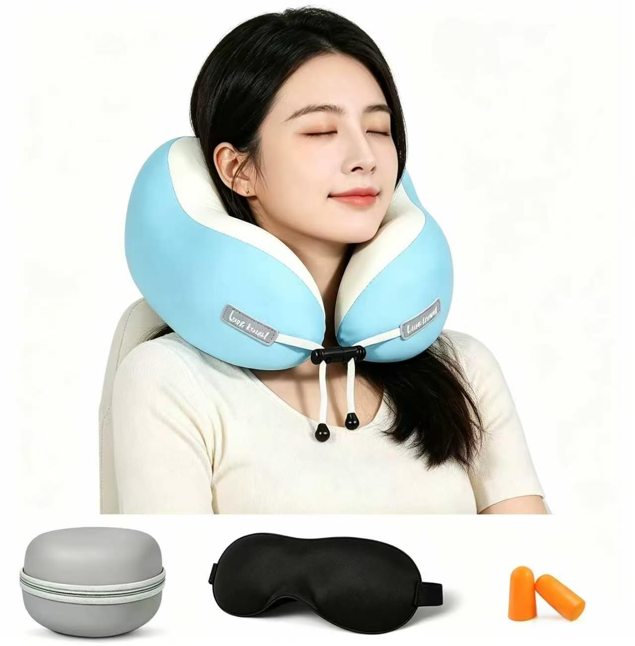 Cuscino da Viaggio Aereo, Cuscino Cervicale Memory Foam Ergonomico a Forma di U con Federa in Ice-Seta, Ideale per Auto Treno Ufficio, Incluso Maschera per Dormire e Tappi per le Orecchie