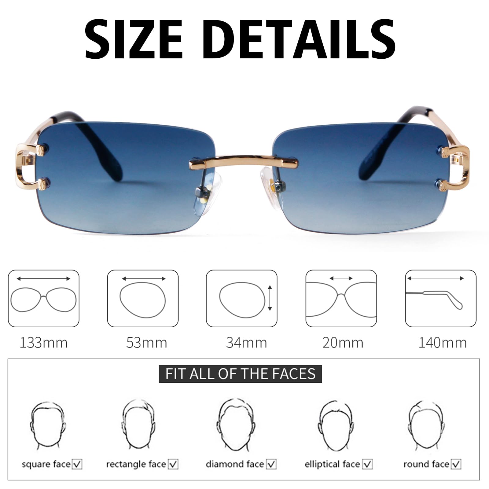 Herren Rahmenlose Sonnenbrille Rechteckig Randlos Retro Metall