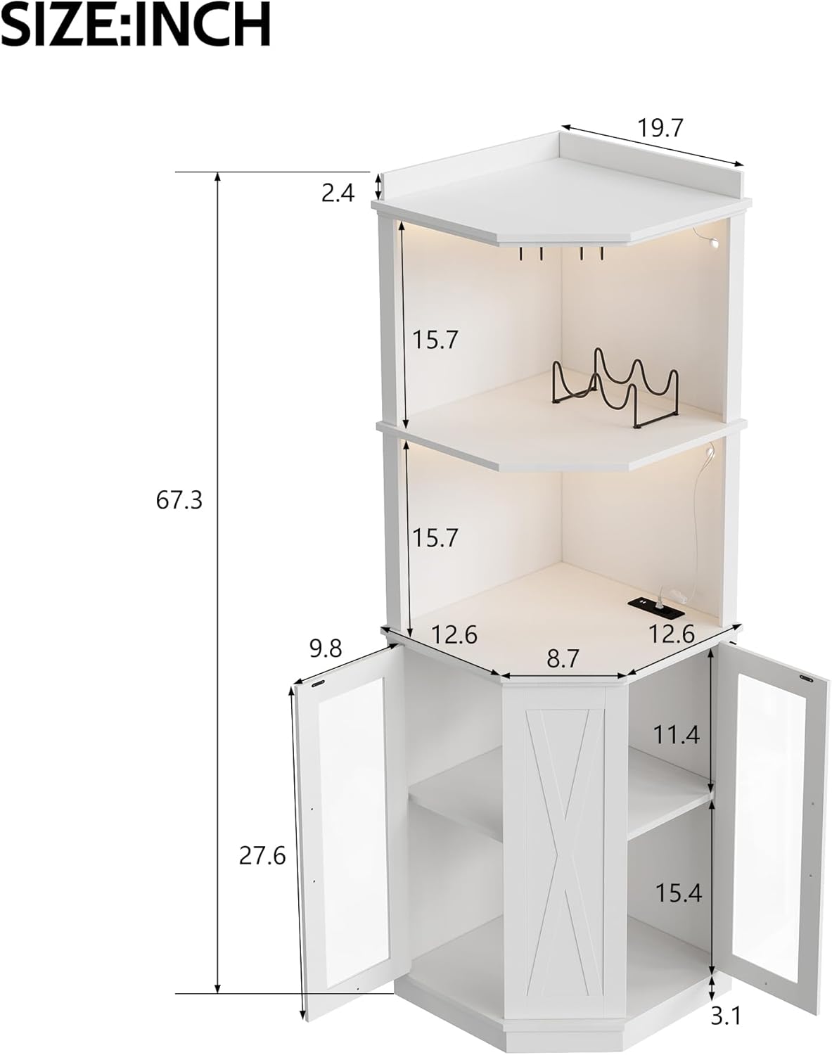 67.3" Corner Bar Cabinet with Power Outlet, Wine Cabinet with Adjustable Shelves,Lights & Glass Rack for Home,Dining Room, Living Room, Kitchen (White-Power)