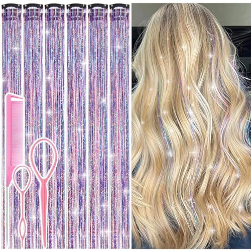 Hair Tinsel Clip in Dreamy Colorful Fairy Hair Tinsel Kit 12 Pcs 24 Inch Glitter Clip in Hair Extensions for Girls Women Kids Christmas New Year Festival Party (Dreamy Colorful)