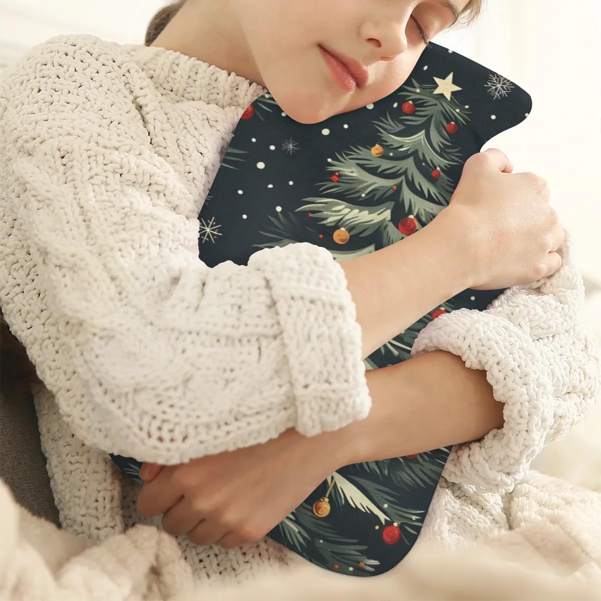 Hot Water Bottle with Soft Cover,2L Modern Tree Xmas Hot Water Bag for Hot and Cold Compress, Hand Feet Warmer, Rubber Hot or Cold Water Bottle Halloween Christmas Decorations