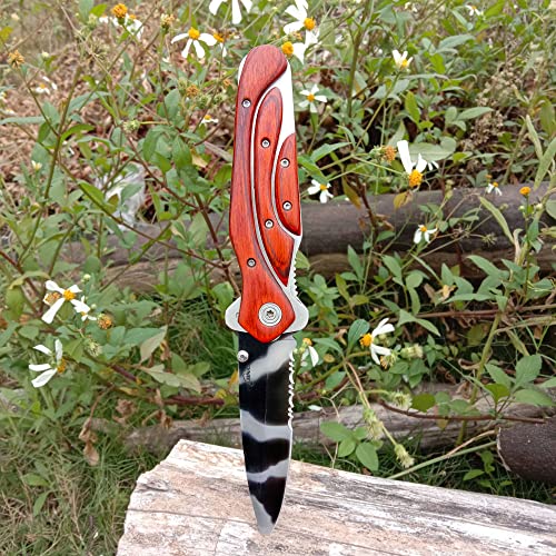 Gajing Folding Knife Equited With Camo Serrated Spear Point Blade And Thumbstud, Comfortable Non Slip Grip Is Decorated With Multi Piece Wood, Liner-Lock Knife For Fishing And Camping #TOP2