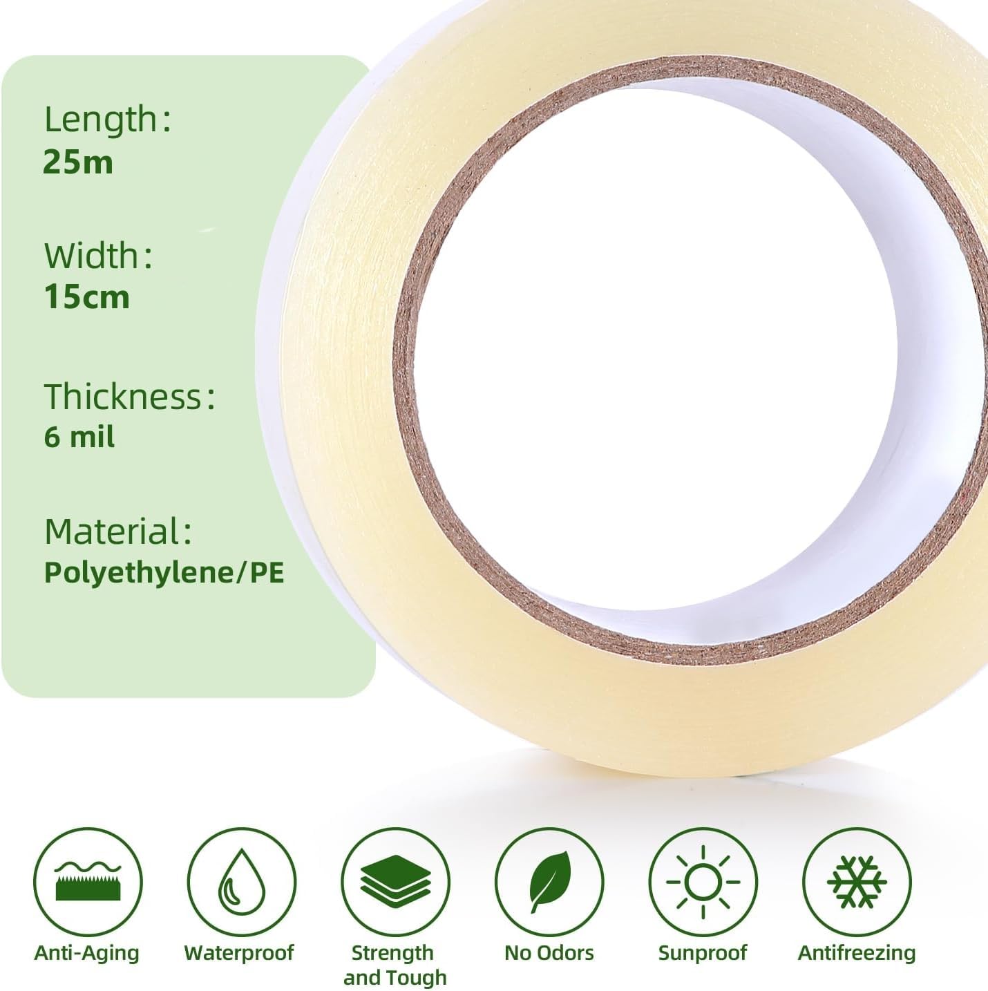 KAHEIGN Nastro trasparente 15cm x 25m per riparazione serre, 6 mil, resistente ai raggi UV e all'acqua