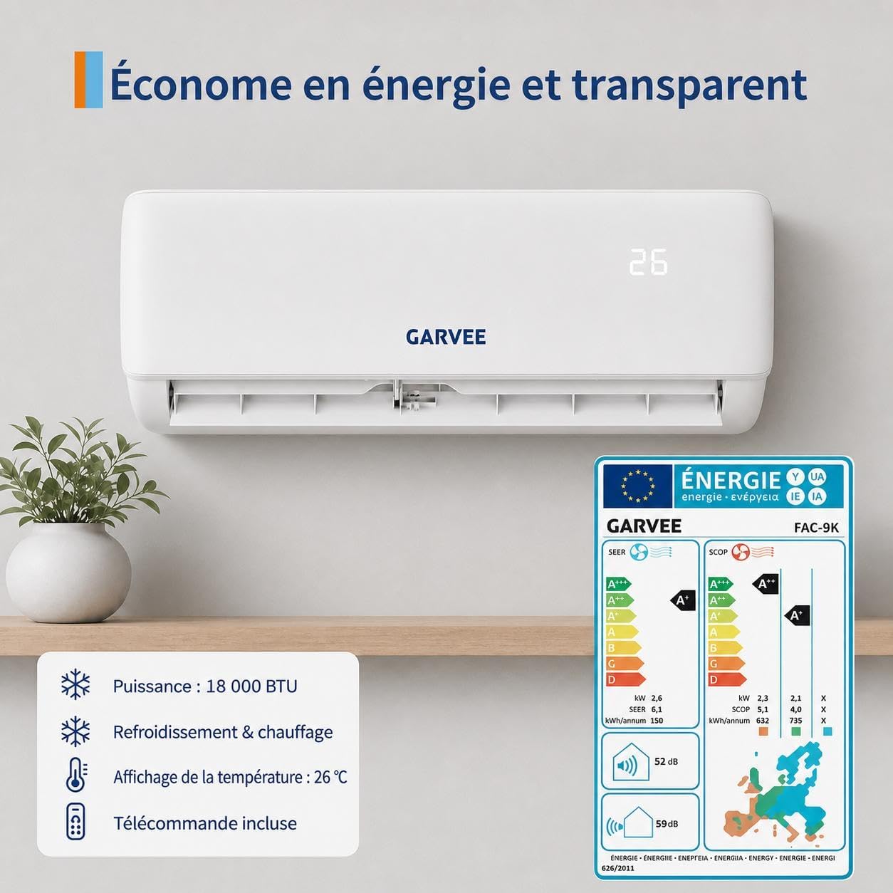 Climatiseur Split Mural Réversible Inverter 18000 BTU (≈4500 frigories), Chaud et Froid Classe A++, Fluide R32, Silencieux, Déshumidification, Minuterie, Pilotage WiFi/App, Faible consommation