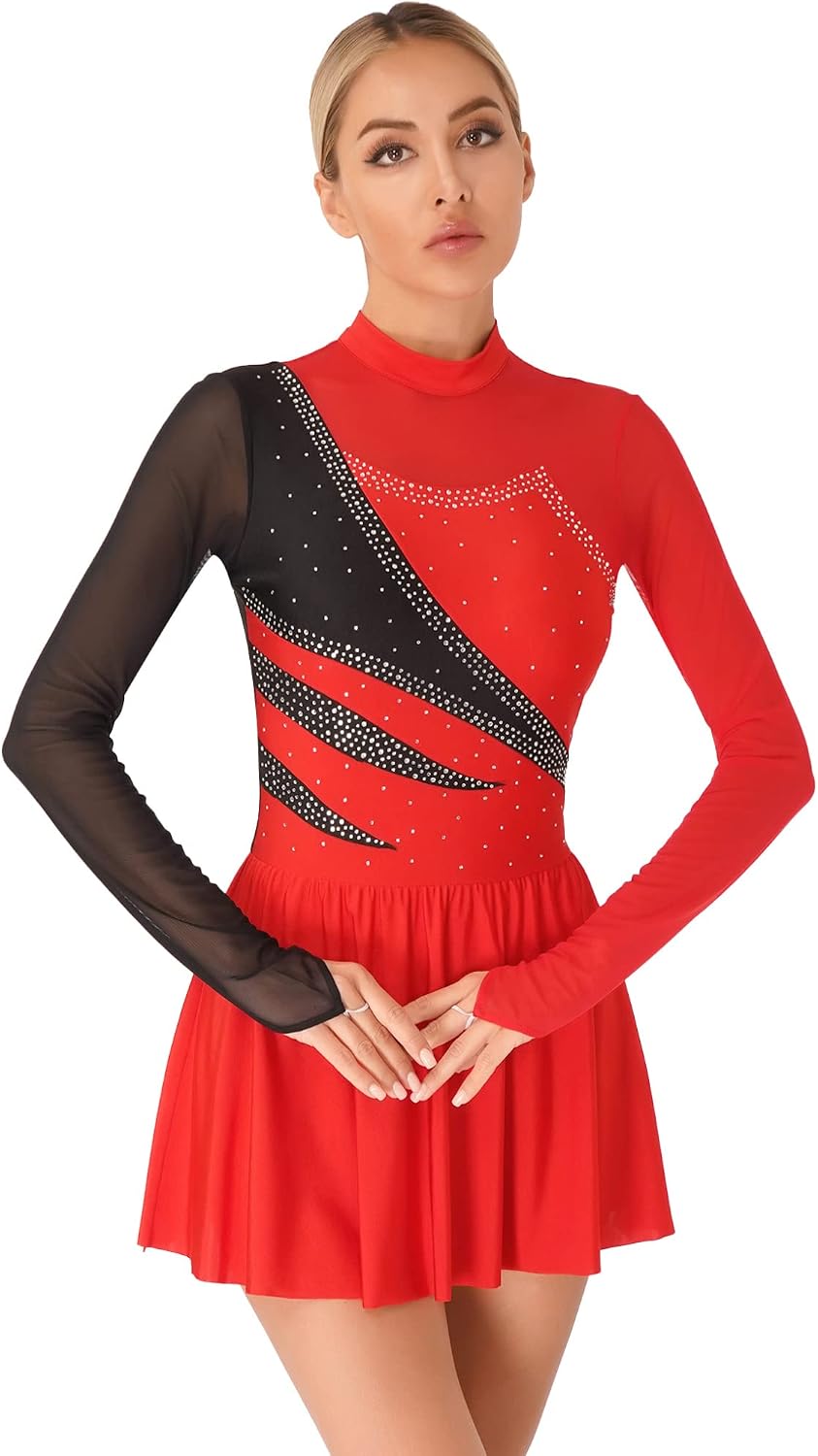 JEATHA Women Contrast Color Sparkly Rhinestone Figure Skating Dress Ice Roller Lyrical Performance Costume