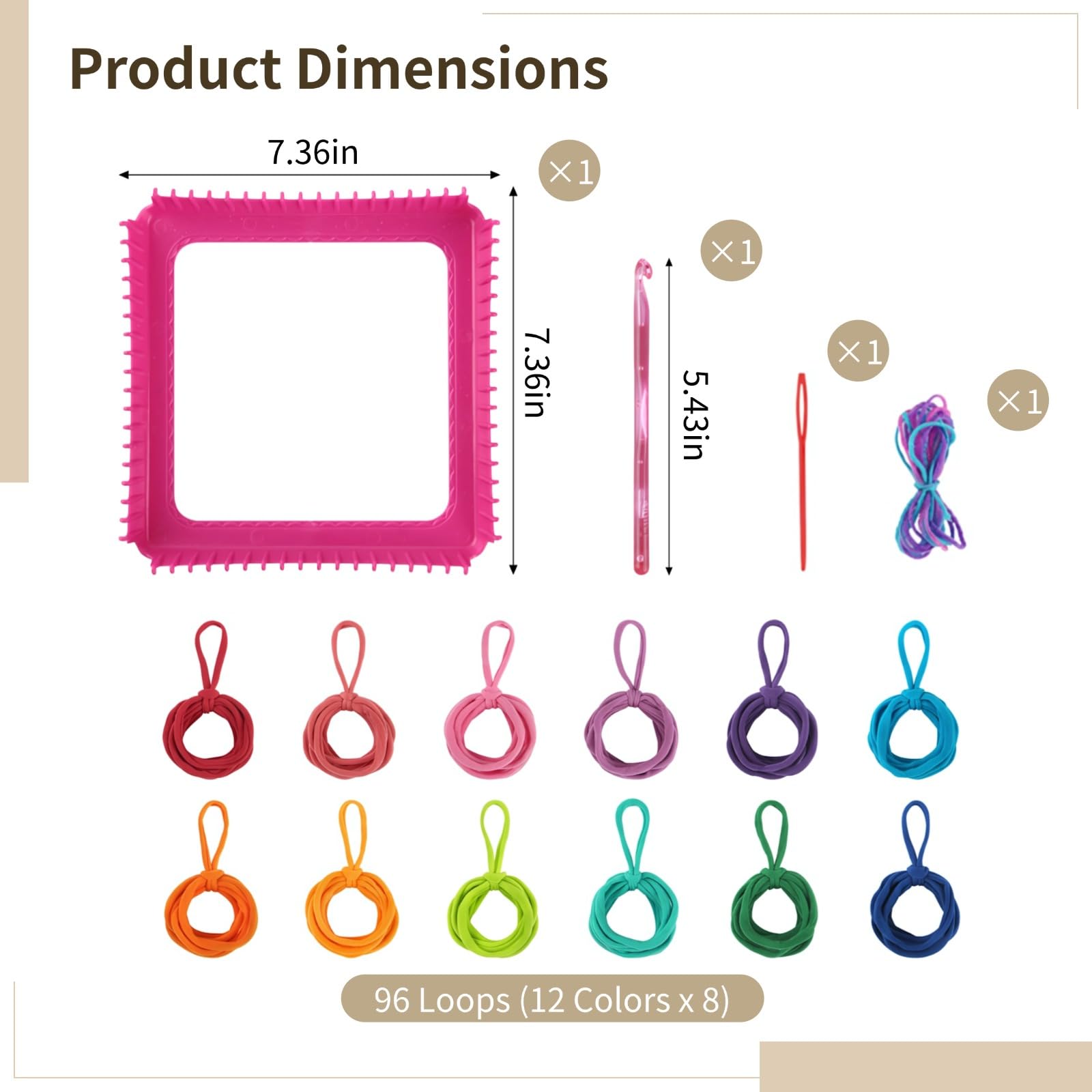 Vestamore Webrahmen-Set, Bastelset für Kinder, 97 Teile, mit 96 elastischen Schnüren in 8 Farben, Topfhalter-Set mit Häkelnadel, Bastelspielzeug, 18,8 x 18,8 cm