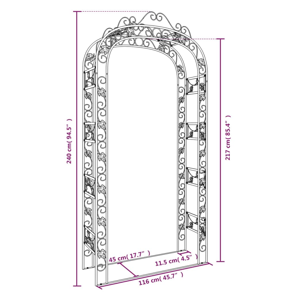 Arco de Jardin Acero Negro 116x45x240 cm | Estructura Robusta, Recubrimiento en Polvo, Para Plantas Trepadoras, Decoracion de Entrada