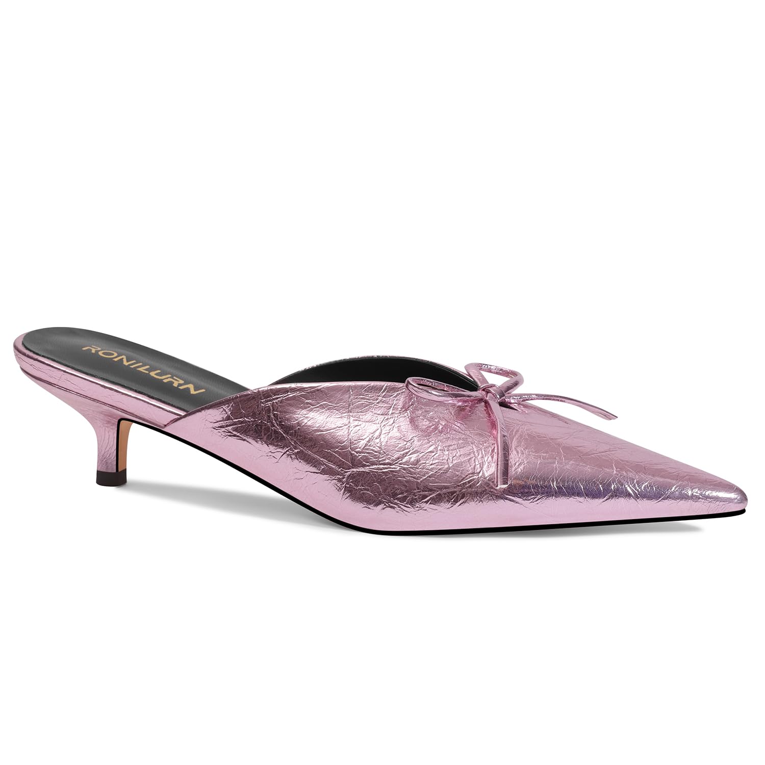 RONILURN Kitten Heels for Women Heeled Mules Stiletto Pumps Bow Closed Toe Pointed Toe Low Heel Slip on Fashion Metallic Backless Prom Party Dressy