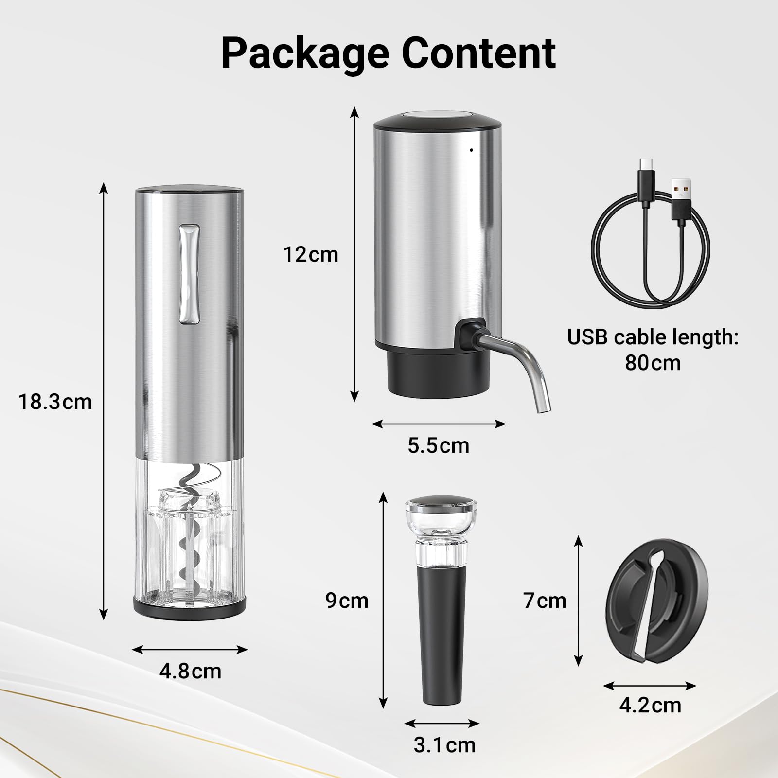 Todeco Set de Vino Eléctrico, Sacacorchos USB-C con Aireador y Tapón