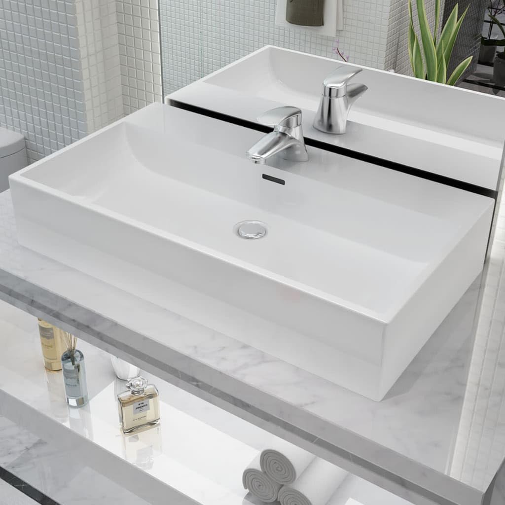 vidaXL Lavabo Rectangular con Agujero de Grifo Cerámica Blanco Lavamanos Aseo