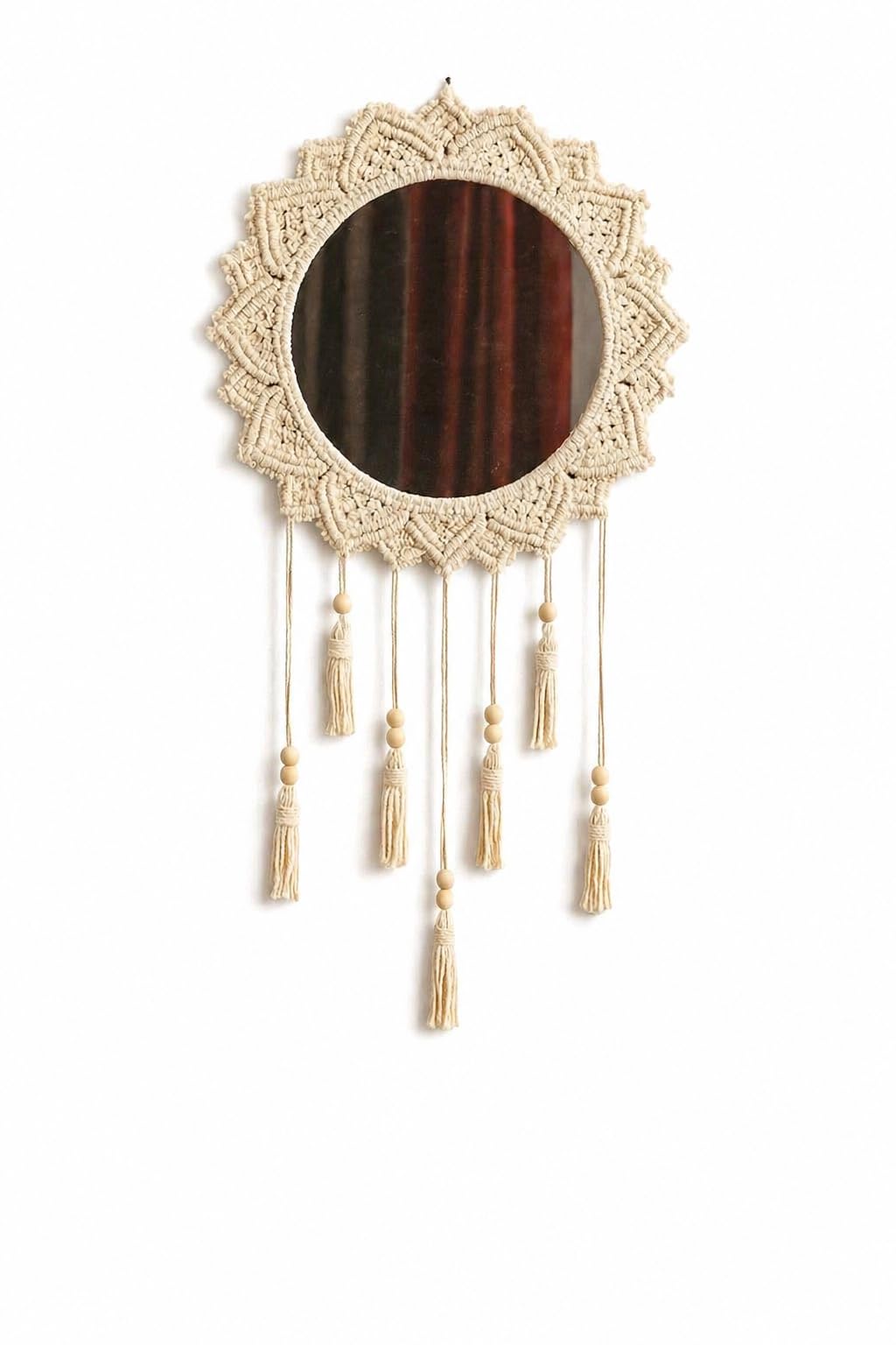 Macrame Wall Mirror, Round, Boho Style, Cotton Fringe Tassels with Wooden Beads, Handcrafted Wall Hanging Decor Boho Macrame Wall Mirror, Home Decor Wall Hanging (71 x 38cm)-image-43