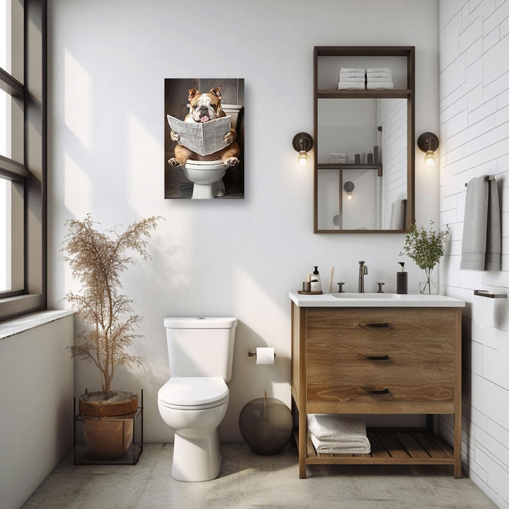 CCWACPP Dog Bathroom Wall Art Funny Animal Pictures Bulldog Reading Newspaper on Toilet Print Whimsical Animal Canvas Toilet Decor Framed (12.00" x 18.00")