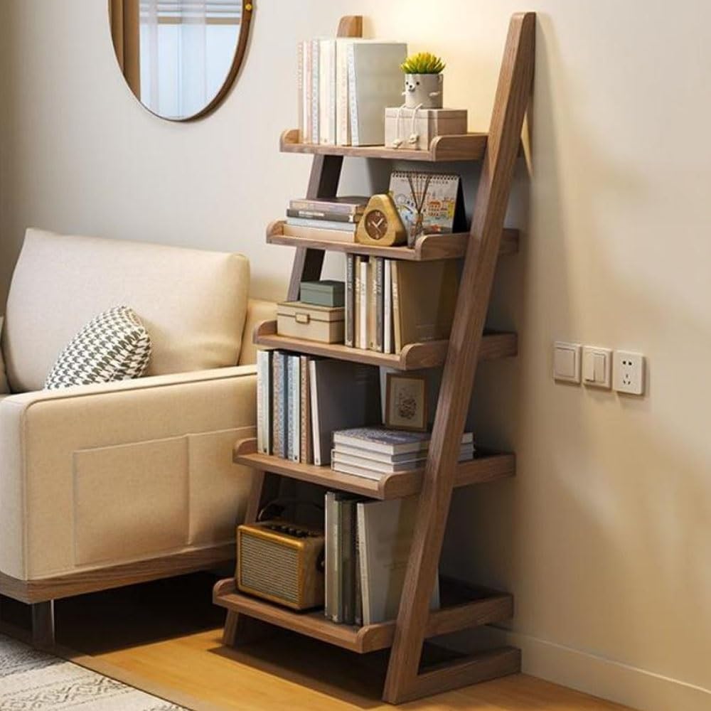 Trapezoidal Storage Rack Wooden Ladder Shelf Bookshelf, 5-Tier Leaning Plant & Flower Stand, Free Standing Organizer Storage Shelves for Living Room, Bedroom, Kitchen, Home Office, Balcony Storage Rac