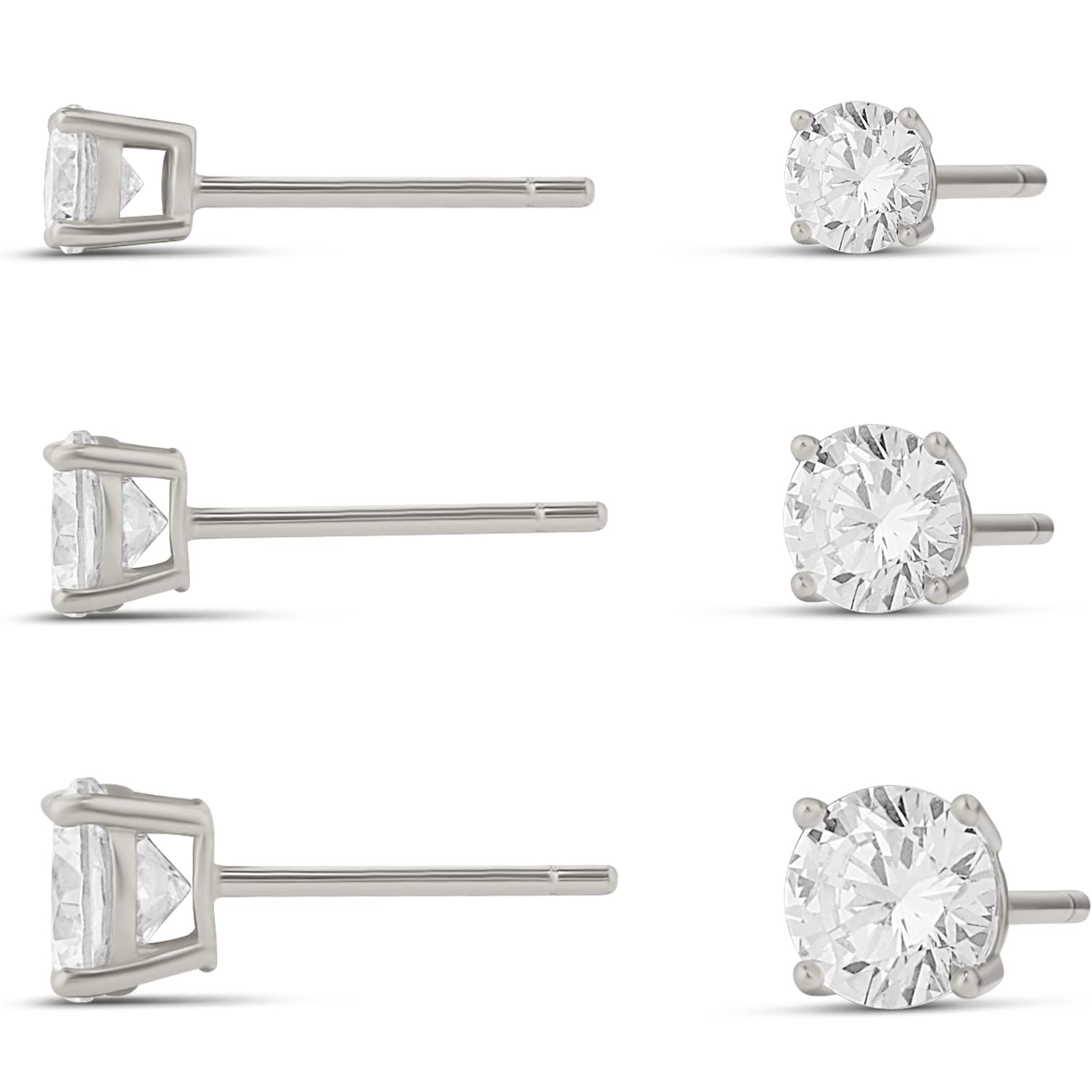 Amazon Essentials Sterling Silver Round CZ Stud Set 4 mm/5 mm/6 mm, Silver