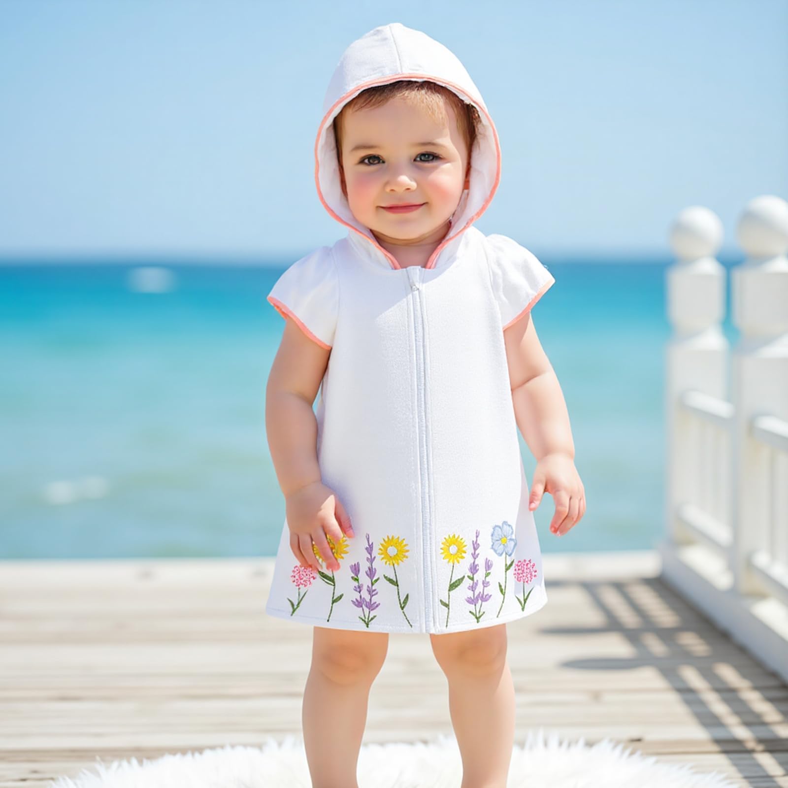 Motlapol Toddler Girl Terry Cloth Bathing Suit Cover Up Striped/Floral Zip Up Hooded Beach Towel Poncho Kids Swim Coverup (Pink, 18-24 Months)