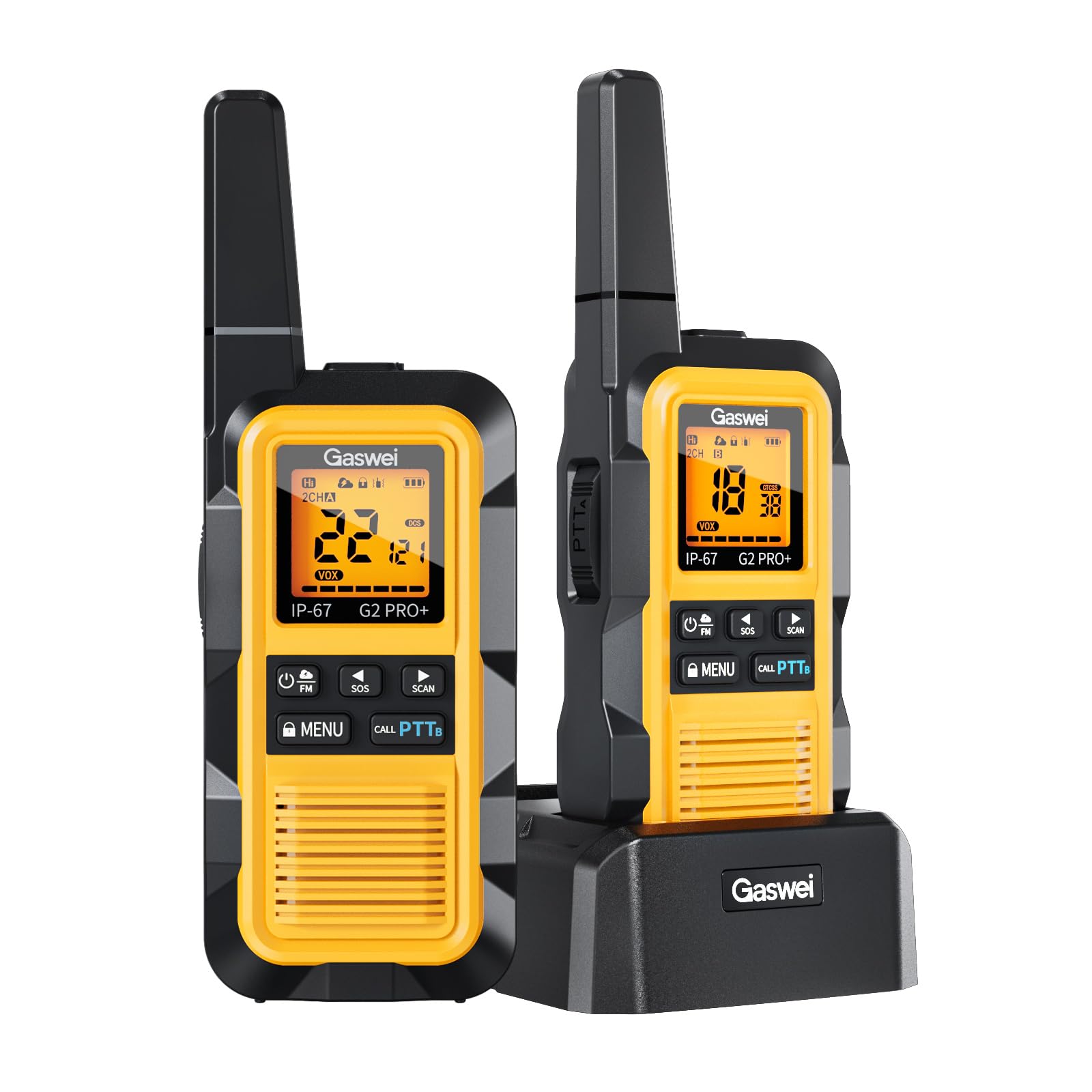 Gaswei G2Pro+ IP67 Waterproof Floating Walkie Talkies Long Range with Double PTT,FM Radio,VOX,SOS & NOAA Weather,Rechargeable Two-Way Radios for Adults Farms,Warehouse,Fishing,Camping,Hunting (2 Pack)