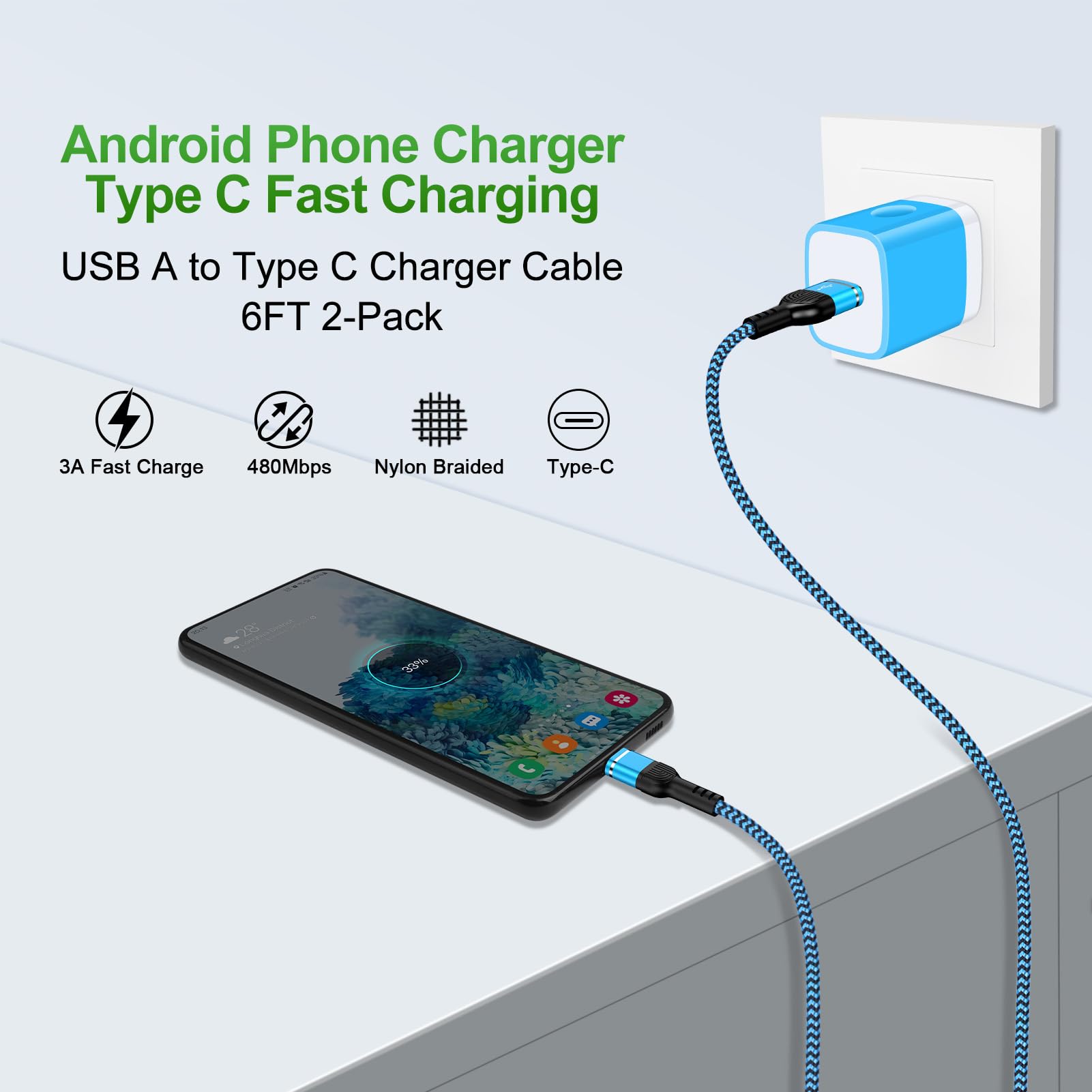 Paquete de 2 cables de carga rápida USB tipo C para teléfono Android Moto G Stylus 5G 2025, Edge 2025, G Power 2025, Razr 60 Ultra, iPhone 16e 15 Plus, Samsung Galaxy A26/S25 Ultra/A16/S24Plus/A35