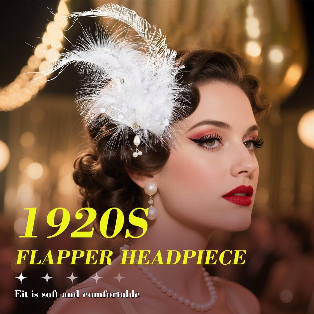 1920s Flapper Headpiece White Feather Hair Clip Fascinator Accessories for Women - Image 7